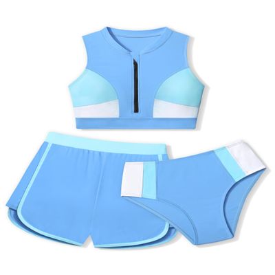 AGAPENG Girls Swimsuits Bathing Suits for Teen Girls 12-14 Color Block Zipper Front Bikini Set with Shorts 3 Piece Teen Bathing Suits Sporty Swimwear 13-14