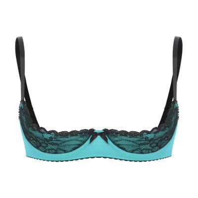 Lejafay Women See Through Lace 1/4 Cups Balconette Bustier Brassiere Padded Underwire Shelf Bra Tops 4#Turquoise C Large