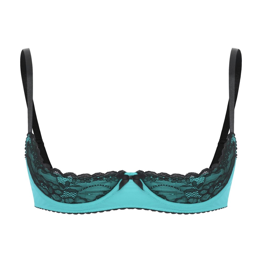 Lejafay Women See Through Lace 1/4 Cups Balconette Bustier Brassiere Padded Underwire Shelf Bra Tops 4#Turquoise C Large