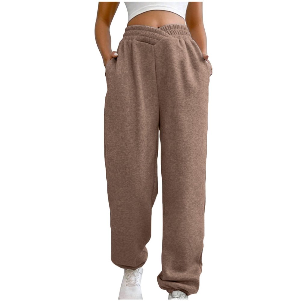 Crossover High Waisted Sweatpants for Women Asymmetrical Cross V Waist Pants Baggy Lounge Running Jogger with Pocket Brown