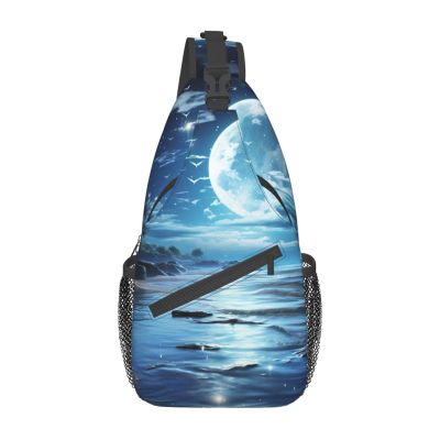 CSGJMYGS Sling Bag for Women Men Moon Over Ocean Cross Chest Bag Diagonally Casual Fashion Travel Hiking Daypack