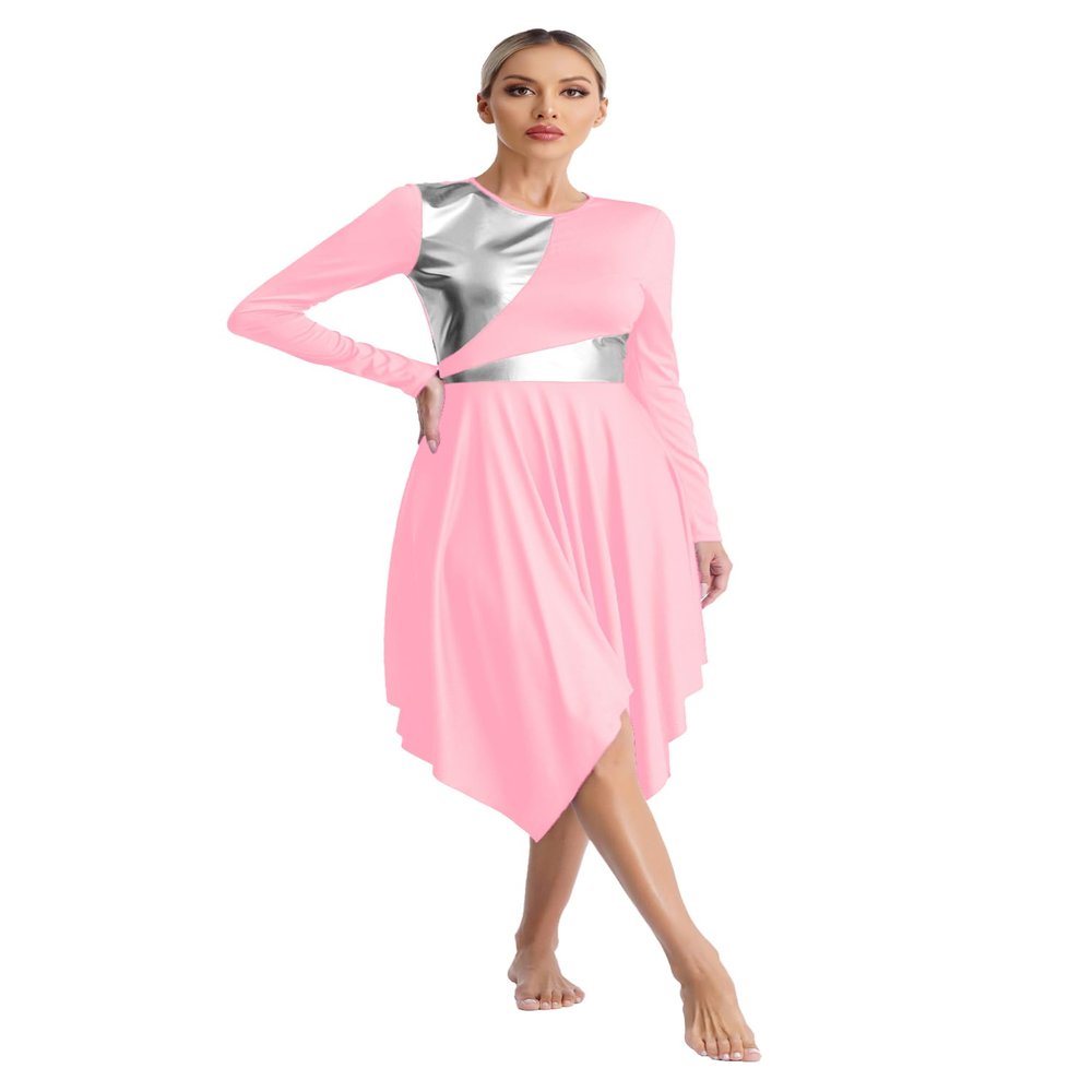 FEESHOW Women's Metallic Color Block Liturgical Praise Dance Dress Irregular Hem Church Worship Dancewear Pink Large