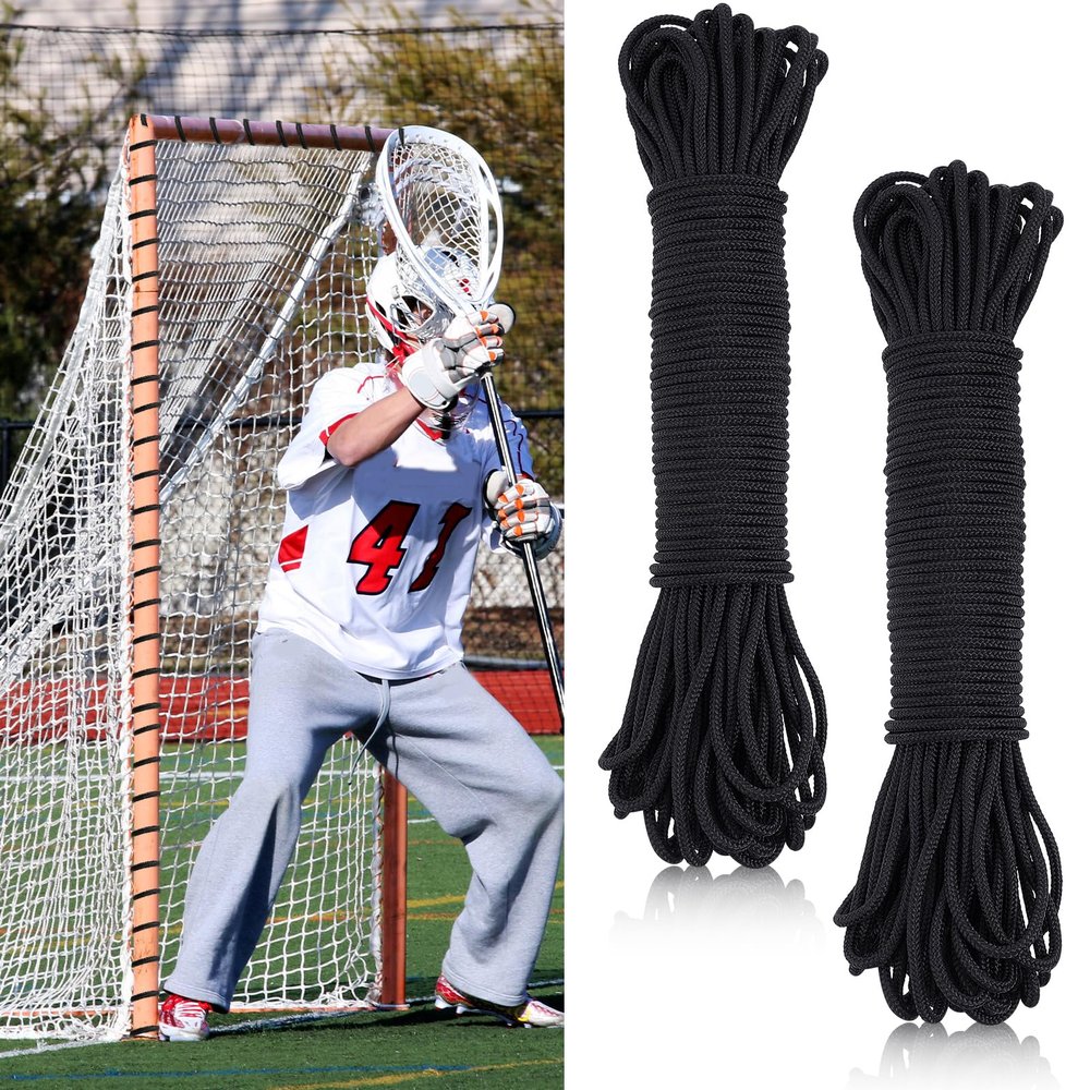 2 Pcs 92ft 4mm Lacrosse Goal Net Lacing Cord Durable Lacing Rope Goal Net for Youth Collegiate, Easy Installation for Backyard, Garden, Playground, Soccer Goals Replacement Frame Not Included(Black)
