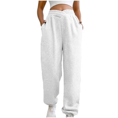 Crossover High Waisted Sweatpants for Women Asymmetrical Cross V Waist Pants Baggy Lounge Running Jogger with Pocket White