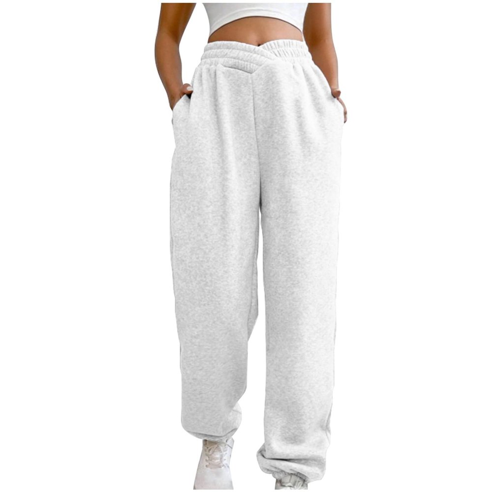 Crossover High Waisted Sweatpants for Women Asymmetrical Cross V Waist Pants Baggy Lounge Running Jogger with Pocket White