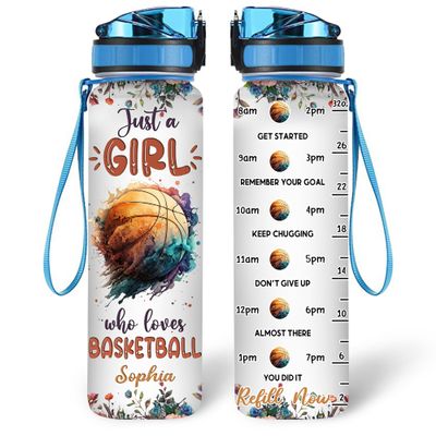 Hyturtle Personalized Basketball Lovers 32 Oz 1Liter Motivational Water Bottle With Time Marker, Just A Girl Who Loves Basketball, Sport Lovers Gifts For Women, Girl, Player On Birthday, Christmas