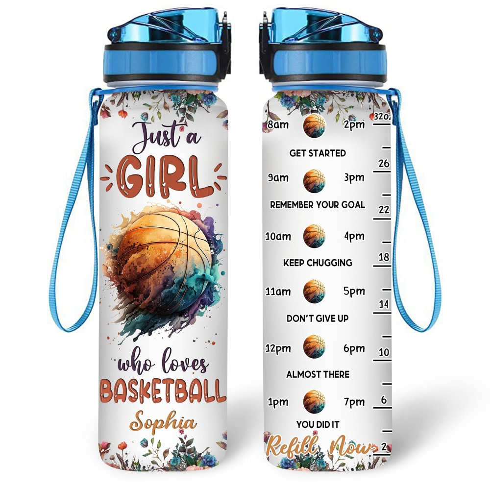 Hyturtle Personalized Basketball Lovers 32 Oz 1Liter Motivational Water Bottle With Time Marker, Just A Girl Who Loves Basketball, Sport Lovers Gifts For Women, Girl, Player On Birthday, Christmas