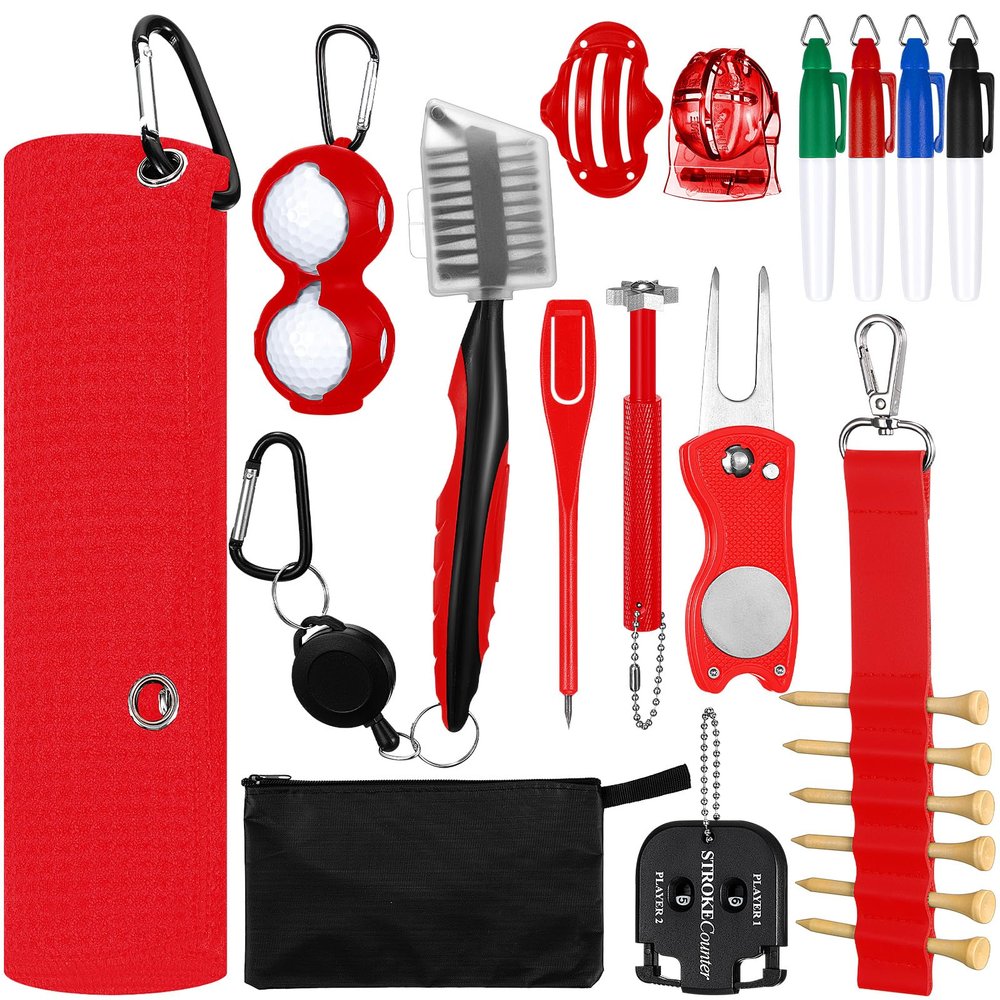 Syhood 21 Pcs Golf Cleaning Kit Accessories Gift for Christmas Golf Brush, Towel, Groove Sharpener, Divot Repair Tool, Ball Alignment Portable Tool for Men or Women(Red)