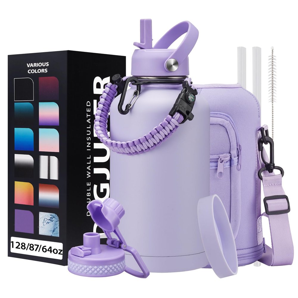 Half Gallon Water Bottle Insulated - 64 oz Water Bottle with Carrying Sleeve, Paracord Handle, Straw Spout Lid, Leak-proof Metal Hydro Water Jug for Workout Sport Hiking Gym, Purple Big Flask Thermo
