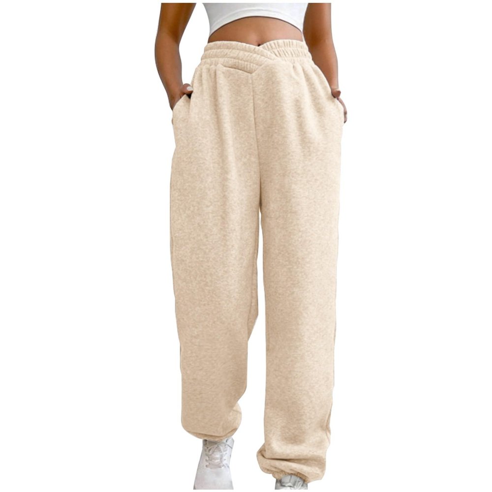 Crossover High Waisted Sweatpants for Women Asymmetrical Cross V Waist Pants Baggy Lounge Running Jogger with Pocket Khaki