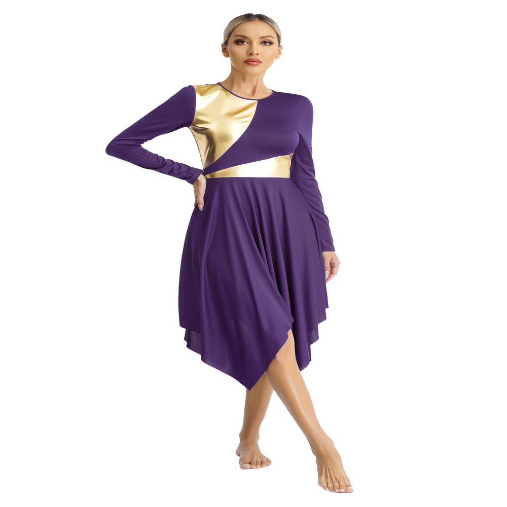 FEESHOW Women's Metallic Color Block Liturgical Praise Dance Dress Irregular Hem Church Worship Dancewear Darkpurple Medium