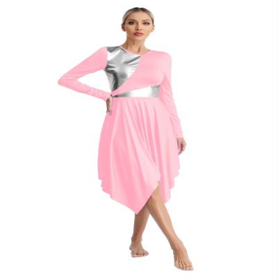 FEESHOW Women's Metallic Color Block Liturgical Praise Dance Dress Irregular Hem Church Worship Dancewear Pink Medium