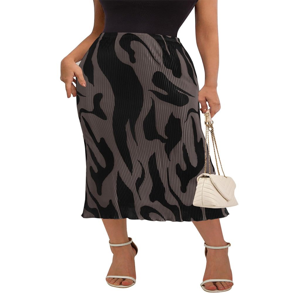PRETTYGARDEN Women's Floral Casual Stretchy High Waisted Pencil Skirt Knee Length Pleated A-Line Plisse Midi Skirt Flared Hem (Dark Brown, Medium)