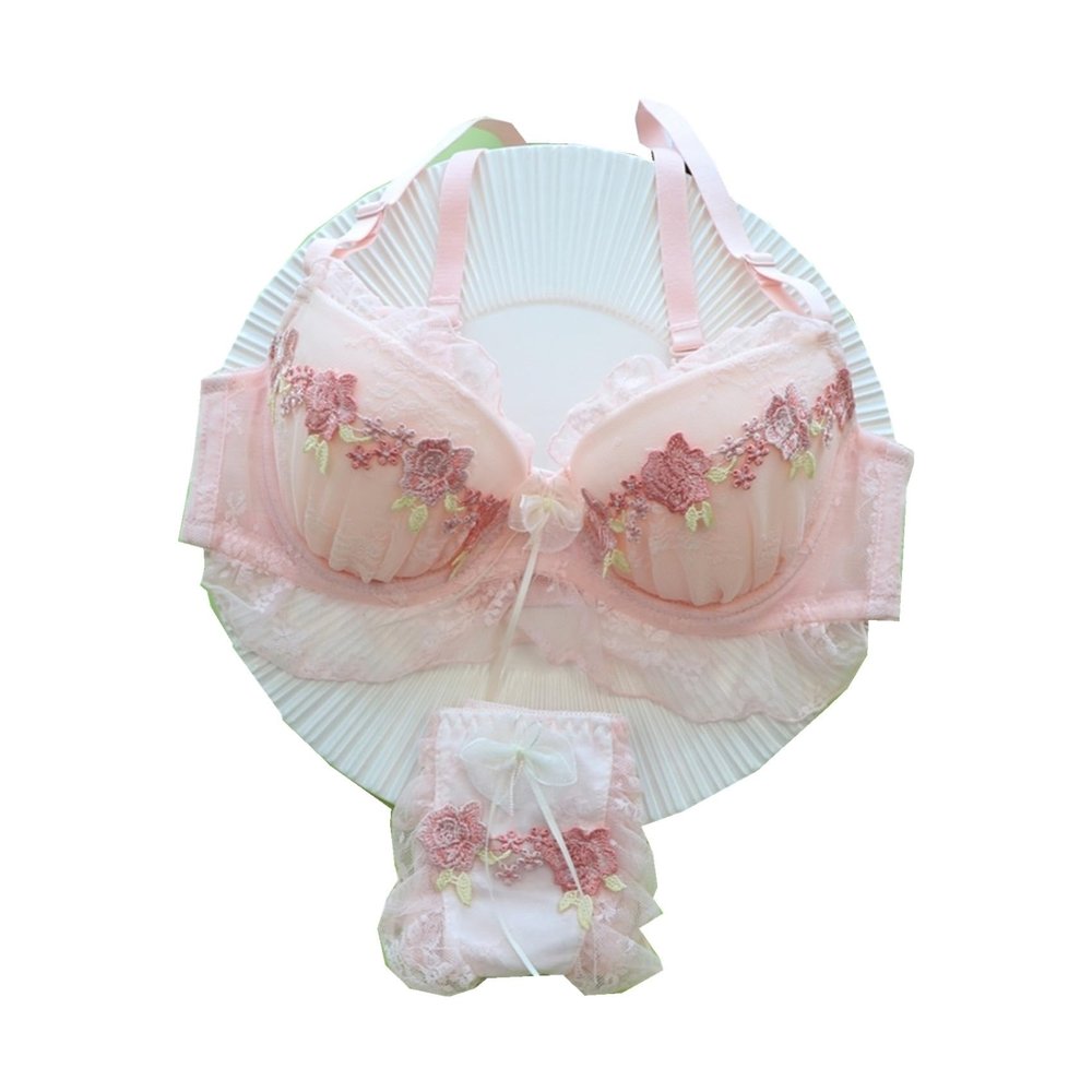 Cute Girls Underwear Set Sweet Lace Bra Gathered Sexy Fall And Winter Kawaii Lolita Bras And Panty Cosplay Lingerie (Color : pink, Size : 85E)