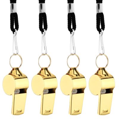 Teaaha 4 PCS Whistles, Stainless Steel Whistle with Lanyard, Super Loud Crisp Premium Metal Sports Whistles for Referees, Coaches, Teachers, Polices, Training, Outdoor Activities Emergency(Gold)