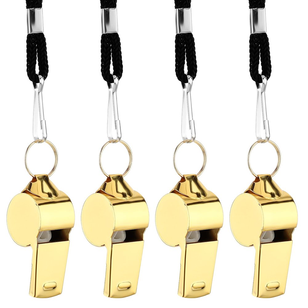 Teaaha 4 PCS Whistles, Stainless Steel Whistle with Lanyard, Super Loud Crisp Premium Metal Sports Whistles for Referees, Coaches, Teachers, Polices, Training, Outdoor Activities Emergency(Gold)