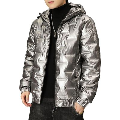 SWJGLITTR Men's Metallic Padded Hooded Jacket Winter Full Zip Quilted Casual Coat Shiny Bomber Solid Color Warm Outwear (X-Large,Silvery)