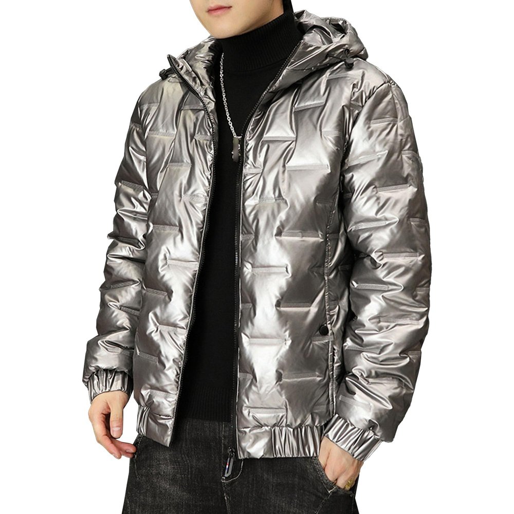 SWJGLITTR Men's Metallic Padded Hooded Jacket Winter Full Zip Quilted Casual Coat Shiny Bomber Solid Color Warm Outwear (X-Large,Silvery)