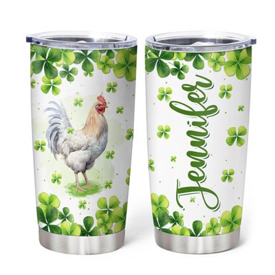 Hyturtle Personalized Gifts Chicken Lover - With Lucky Four Leaf Clover Custom Name Coffee Tumbler Cup Stainless Steel 20oz, Animal Lover Gifts For Women, Girl On Birthday, St Patricks Day