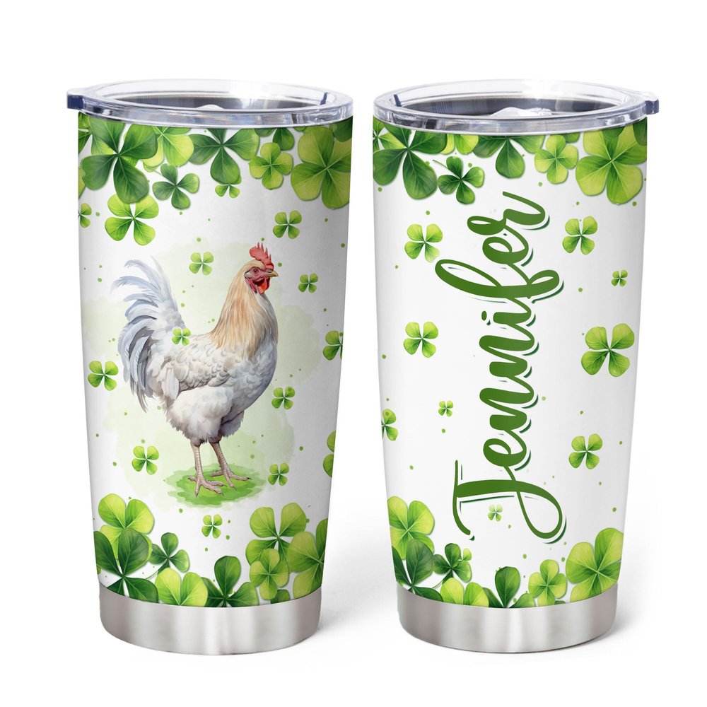 Hyturtle Personalized Gifts Chicken Lover - With Lucky Four Leaf Clover Custom Name Coffee Tumbler Cup Stainless Steel 20oz, Animal Lover Gifts For Women, Girl On Birthday, St Patricks Day
