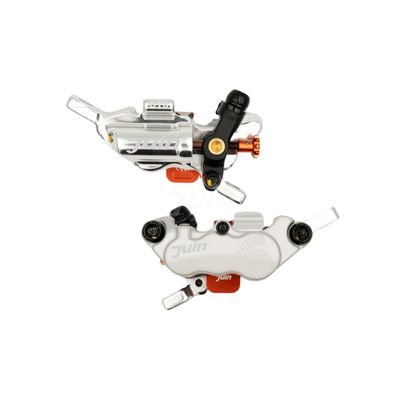 Juin JuinTECH GTP-6 6-Piston Hybrid Hydraulic Disc Brake Calipers Front & Rear Set (2 Calipers, No Rotor), Post Mount, Cable-Actuated for Mechanical Road/Gravel Levers (Silver)