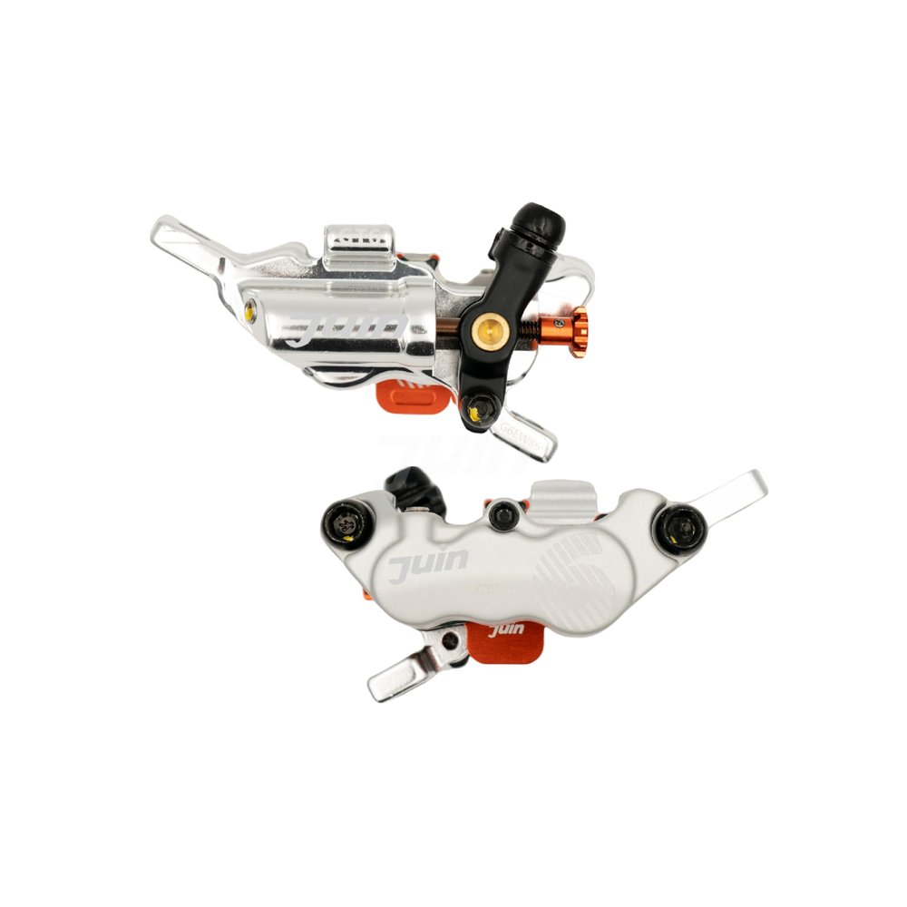 Juin JuinTECH GTP-6 6-Piston Hybrid Hydraulic Disc Brake Calipers Front & Rear Set (2 Calipers, No Rotor), Post Mount, Cable-Actuated for Mechanical Road/Gravel Levers (Silver)