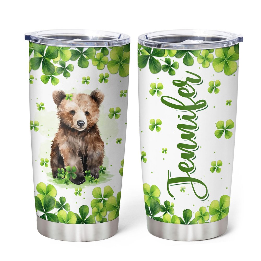 Hyturtle Personalized Gifts Bear Lover - With Lucky Four Leaf Clover Custom Name Coffee Tumbler Cup Stainless Steel 20oz, Animal Lover Gifts For Women, Girl On Birthday, St Patricks Day