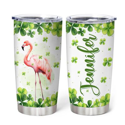 Hyturtle Personalized Gifts Flamingo Lover - With Lucky Four Leaf Clover Custom Name Coffee Tumbler Cup Stainless Steel 20oz, Animal Lover Gifts For Women, Girl On Birthday, St Patricks Day