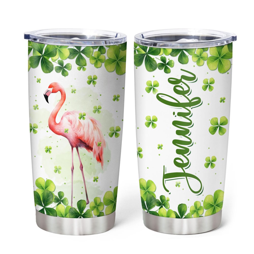 Hyturtle Personalized Gifts Flamingo Lover - With Lucky Four Leaf Clover Custom Name Coffee Tumbler Cup Stainless Steel 20oz, Animal Lover Gifts For Women, Girl On Birthday, St Patricks Day