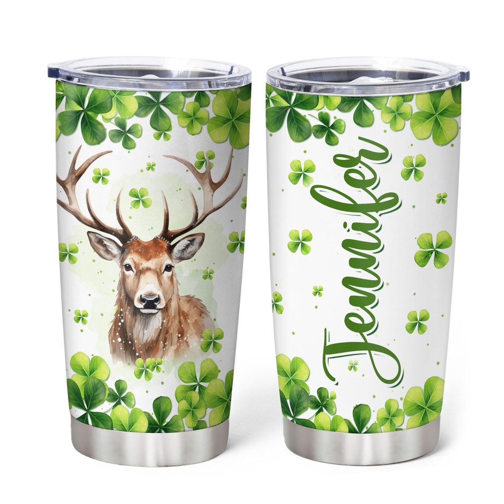 Hyturtle Personalized Gifts Reindeer Lover - With Lucky Four Leaf Clover Custom Name Coffee Tumbler Cup Stainless Steel 20oz, Animal Lover Gifts For Women, Girl On Birthday, St Patricks Day