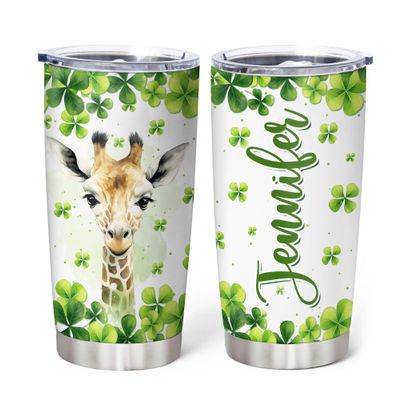 Hyturtle Personalized Gifts Giraffe Lover - With Lucky Four Leaf Clover Custom Name Coffee Tumbler Cup Stainless Steel 20oz, Animal Lover Gifts For Women, Girl On Birthday, St Patricks Day