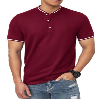 OYOZONE Men's Fashion Polo Shirts Pique Henley Collarless Shirts, Short Sleeve, Performance, Slim Fit, Cotton, Wine Red, X-Large