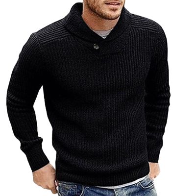 xoxingysm Mens Shawl Collar Pullover Sweater Casual Cable Knit Turtleneck Sweaters Stylish Solid Retro Winter Underwear Top Black