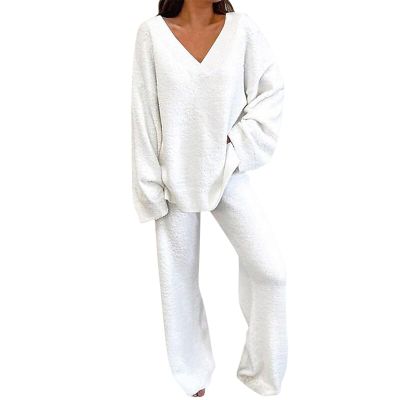 SACFOF Women's 2 Piece Outfits V Neck Fuzzy Fleece Pajama Set Long Sleeve Top Wide Leg Pants Loungewear