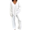 SACFOF Women's 2 Piece Outfits V Neck Fuzzy Fleece Pajama Set Long Sleeve Top Wide Leg Pants Loungewear view 1