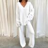 SACFOF Women's 2 Piece Outfits V Neck Fuzzy Fleece Pajama Set Long Sleeve Top Wide Leg Pants Loungewear view 2