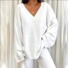 SACFOF Women's 2 Piece Outfits V Neck Fuzzy Fleece Pajama Set Long Sleeve Top Wide Leg Pants Loungewear view 3