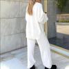 SACFOF Women's 2 Piece Outfits V Neck Fuzzy Fleece Pajama Set Long Sleeve Top Wide Leg Pants Loungewear view 4