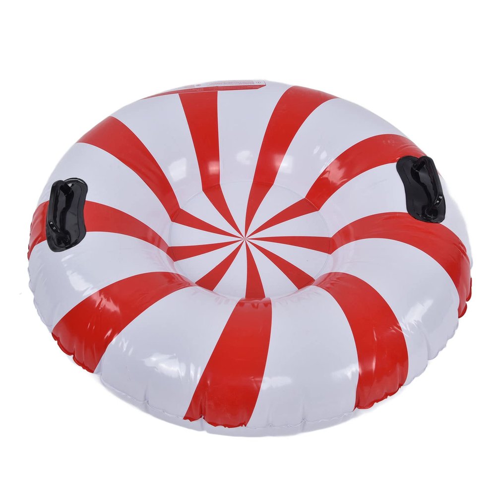 Tyenaza Round Winter Snow Tube, Adult PVC Inflatable Skiing Ring with 2 Handles for Outdoor Snowboarding Red White