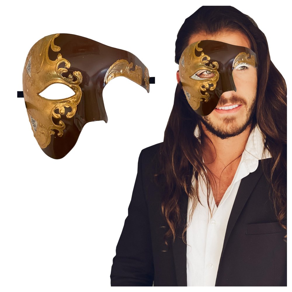 Half Face Masquerade Mask For Men Phantom Of The Opera Mask for Venetian Party, Mardi Gras, Halloween & Cosplay (One Size, Mocha Gold)