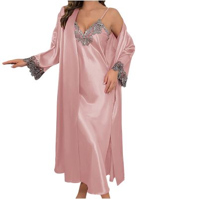 Women Silk Satin Robe Set 2 Piece Long Pajamas Sets Lace Cami Nightgown Silky Robes Nightwear Set Casual Loungewear Pjs Pink