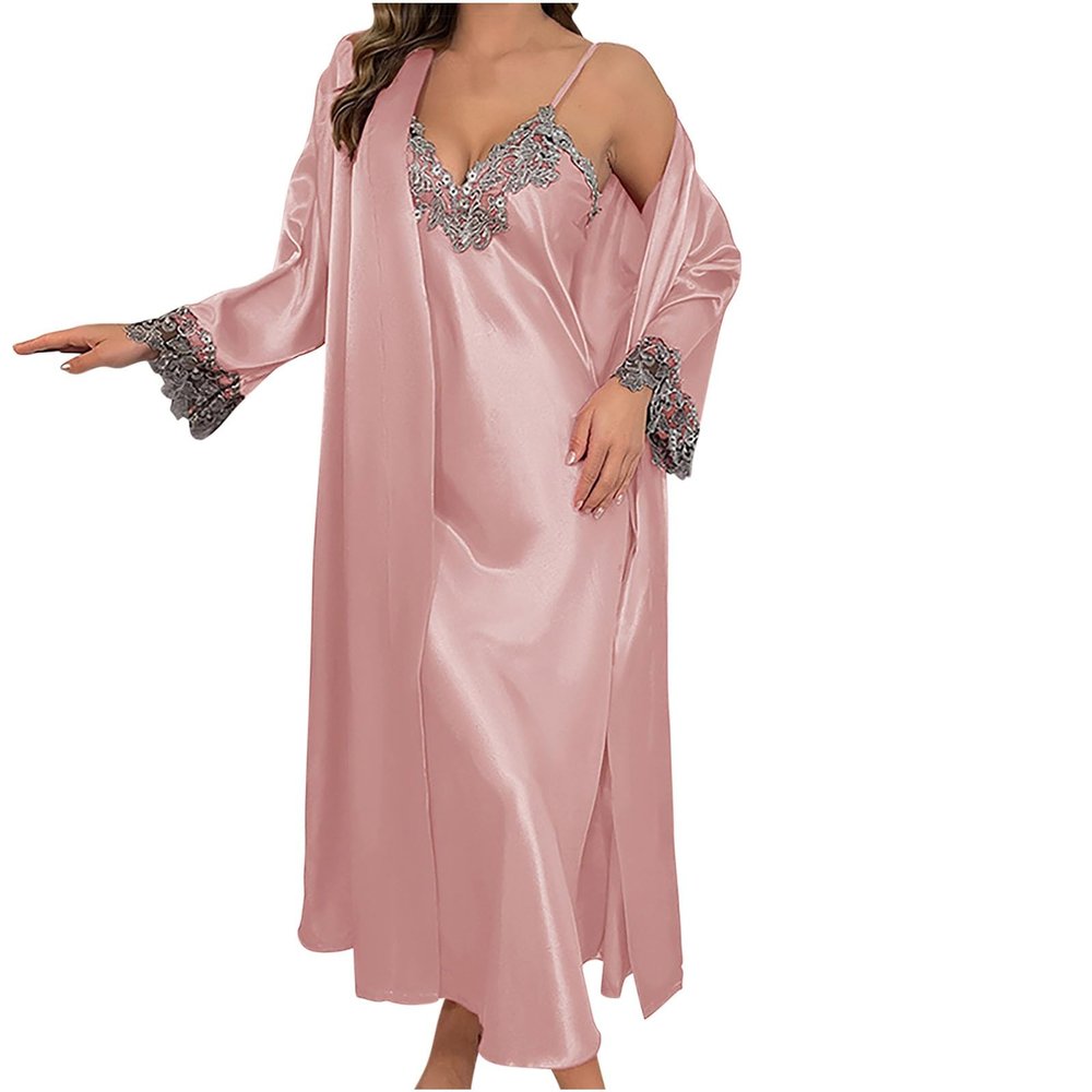 Women Silk Satin Robe Set 2 Piece Long Pajamas Sets Lace Cami Nightgown Silky Robes Nightwear Set Casual Loungewear Pjs Pink