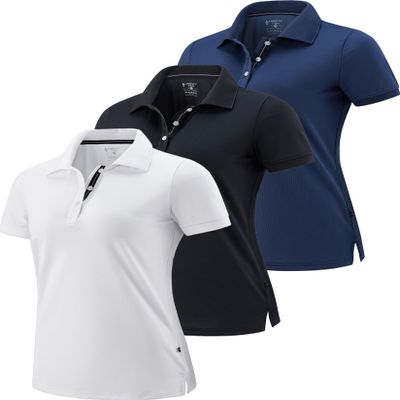 3 Pack Women's Athletic Dry Fit Polo Shirts, Wicking Short Sleeve Collared Golf T Shirt Tennis Tops (Set 1, XX-Large) Navy/Black/White