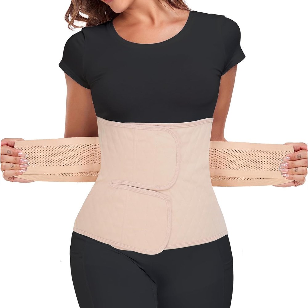 MAMODY Postpartum Belly Band Postpartum Belly Wrap, Abdominal Binder Post Surgery C-section Recovery Support Belt After Birth Brace, Slimming Girdles (Classic Beige, S/M)