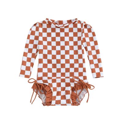 MAYUMMPY Toddler Baby Girls Bikini Beach Swimwear Zipper Swimsuit UPF 50+ Rash Guard One Piece Long Sleeve Bathing Suit (US, Age, 12 Months, 18 Months, Checkerboard Print Russet)