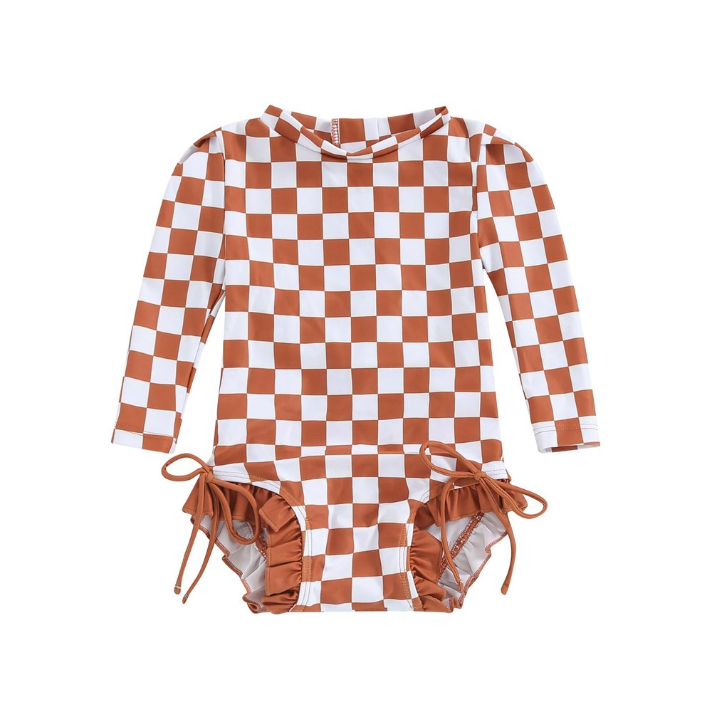 MAYUMMPY Toddler Baby Girls Bikini Beach Swimwear Zipper Swimsuit UPF 50+ Rash Guard One Piece Long Sleeve Bathing Suit (US, Age, 12 Months, 18 Months, Checkerboard Print Russet)