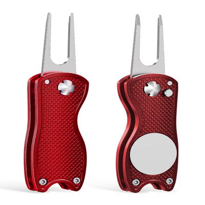 GreenHaven 2 Pack Golf Divot Repair Tool for Golfers Foldable Metal Green Tool with Magnetic Putt Alignment Ball Marker Pop-up Fork Tine with Sturdy Aluminum Alloy Handle, Red