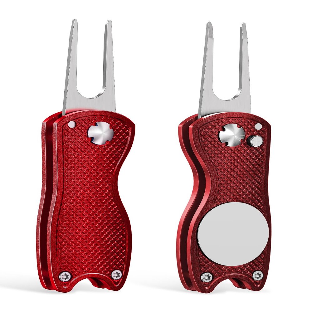 GreenHaven 2 Pack Golf Divot Repair Tool for Golfers Foldable Metal Green Tool with Magnetic Putt Alignment Ball Marker Pop-up Fork Tine with Sturdy Aluminum Alloy Handle, Red