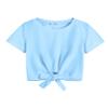 Arshiner Blue Crop Top with Tie Knot Front - Casual Girls Ruffle Shirt Loose Round Neck Tee view 1