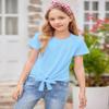 Arshiner Blue Crop Top with Tie Knot Front - Casual Girls Ruffle Shirt Loose Round Neck Tee view 2